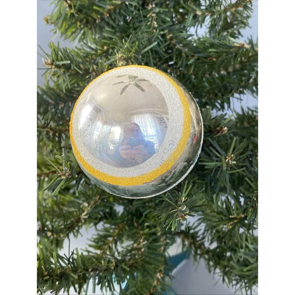 Vintage Christmas Shiny Brite Mica Striped Glass Ornament Ball Red Blue Yellow